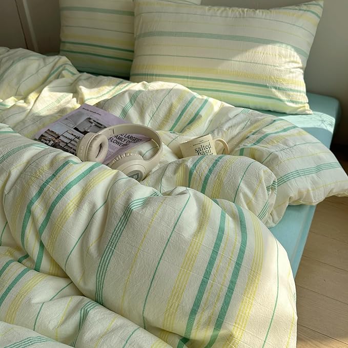 EAVD Vintage Striped Comforter Set King Soft Cotton 3-Piece Boho Bedding Set with 2 Pillowcases Retro Yellow-Green Vertical Stripes Geometric Comforter Set for All-Season