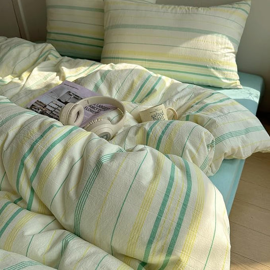 EAVD Vintage Striped Comforter Set King Soft Cotton 3-Piece Boho Bedding Set with 2 Pillowcases Retro Yellow-Green Vertical Stripes Geometric Comforter Set for All-Season