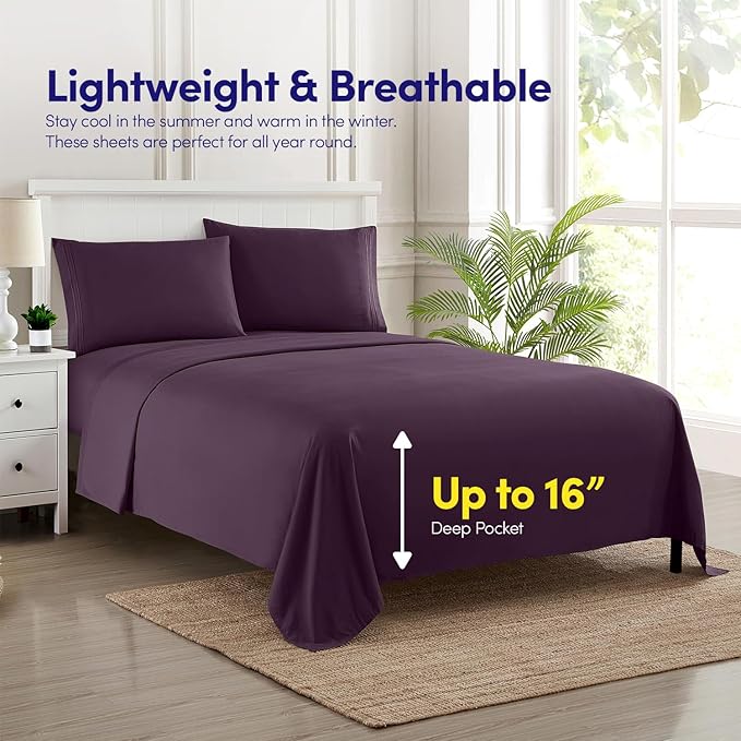 1500 Supreme Collection California King Sheet Sets Purple- Luxury Hotel Bed Sheets and Pillowcase Set for California King Mattress - Extra Soft, Elastic Corner Straps, Deep Pocket Sheets Purple