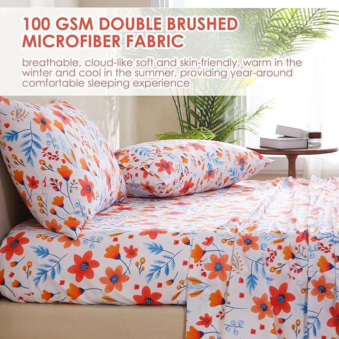 JSD Floral Printed Sheet Set Cal King, 4 Piece Flower Pattern Microfiber Bed Sheets Deep Pocket