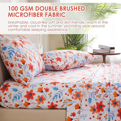 JSD Floral Printed Sheet Set Cal King, 4 Piece Flower Pattern Microfiber Bed Sheets Deep Pocket