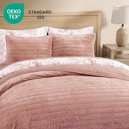 WRENSONGE Velvet King Size Quilt Set-3 Pieces Clay Pink Luxurious Velvet Striped Channel Comforter with 2 Shams, Soft Bedspread Coverlet Quilted Bedding Set for All Season