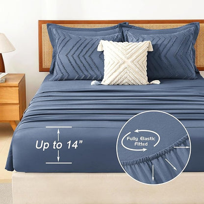 Litanika King Size Comforter Set with Sheets Ocean Blue - 7 Pieces Bed in a Bag King Chevron Tufted Complete Bedding Sets with Comforter, Sheets, Pillowcases & Shams