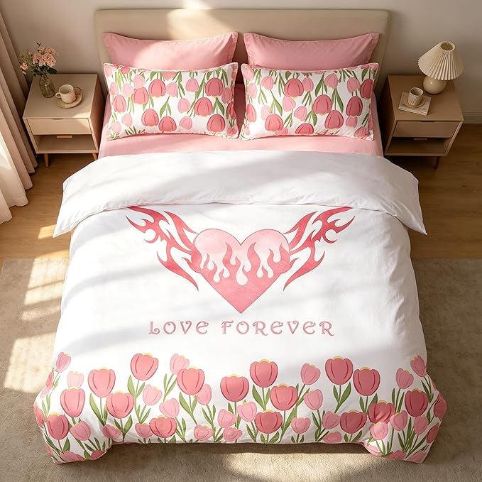 Girls Pink Floral Comforter Set Twin Size, Pink Tulip Soft Microfiber Bedding Set with Love Heart Pattern, 3Pieces All Season Lightweight Summer Comforter Set for Girls
