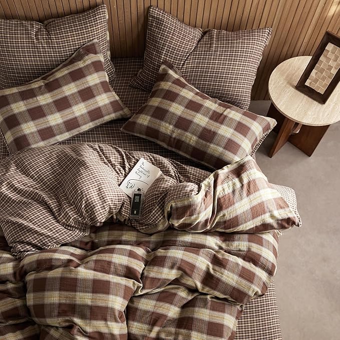 EAVD Vintage Yellow&Brown Plaid Duvet Cover Full Soft 100% Muslin Cotton Retro Grid Checkered Plaid Bedding Set with 2 Pillowcases Farmhouse Reversible Gingham Duvet Cover with Zipper Closure