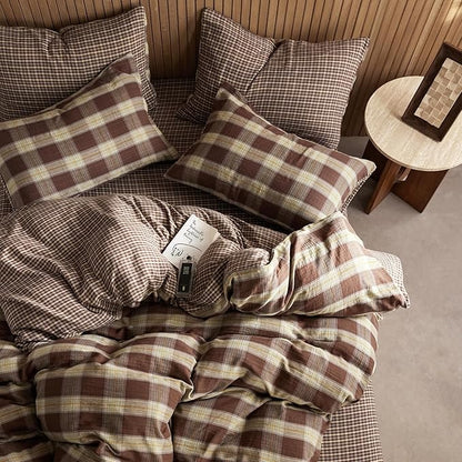 EAVD Vintage Yellow&Brown Plaid Duvet Cover Full Soft 100% Muslin Cotton Retro Grid Checkered Plaid Bedding Set with 2 Pillowcases Farmhouse Reversible Gingham Duvet Cover with Zipper Closure