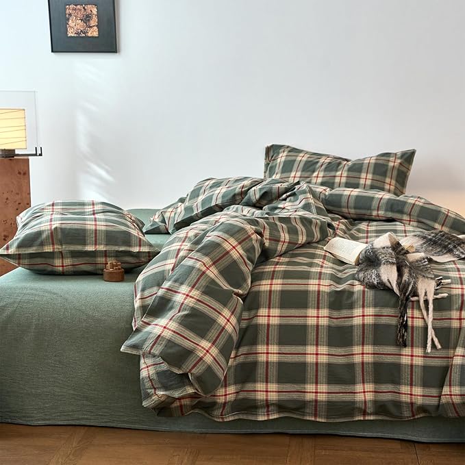 EAVD Vintage Style Green Plaid Duvet Cover Full Soft 100% Washed Cotton Red Green Grid Checkered Bedding Set with 2 Pillowcases Retro Farmhouse Geometric Grid Duvet Cover with Zipper Closure