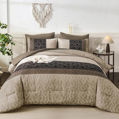 Dinjoy Boho Queen Comforter Set Light Brown,7 Piece Bed in a Bag Queen Size Warm Striped Bedding Sets with Plaid Fall Comforters Bed Set with Sheets for Family All Season