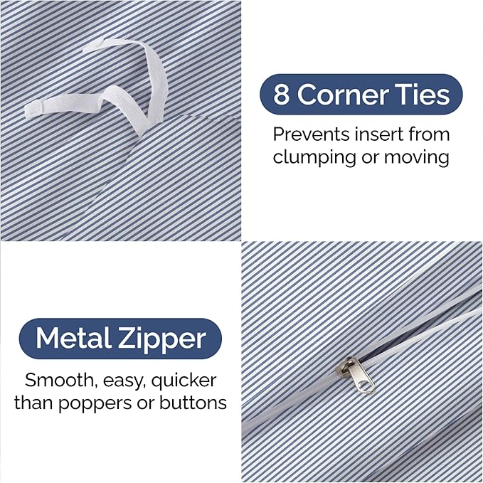 Duvet Cover Queen Size Set - Extra Soft Queen Duvet Cover 90" x 90" with 2 Pillow Shams - Hotel Luxury, Easy Care & Fade Free with Zipper Closures & Ties - Comfy, Cozy and Breathable (Blue Stripes)