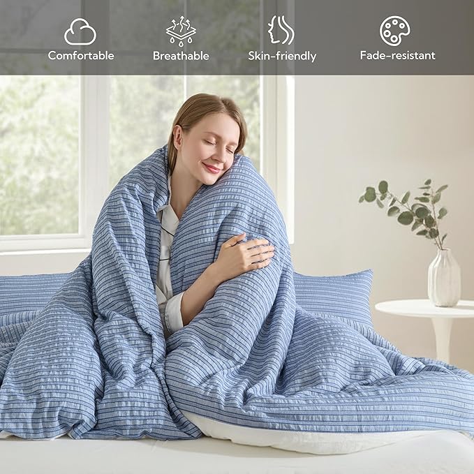 MILDLY Jacquard Stripe Duvet Cover - 100% Washed Cotton Blue Boho Textured Comforter Cover Set with Zipper Closure 104"x90"
