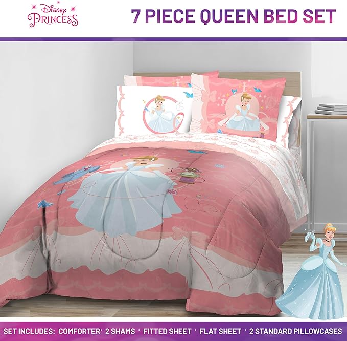 Jay Franco Kids Comforter Set Includes Sheets and Pillow Covers - Soft and Cozy Bed Set for Stylish Room Decor, Pink - Princess Cinderella, 7 Piece Queen Size Bedding