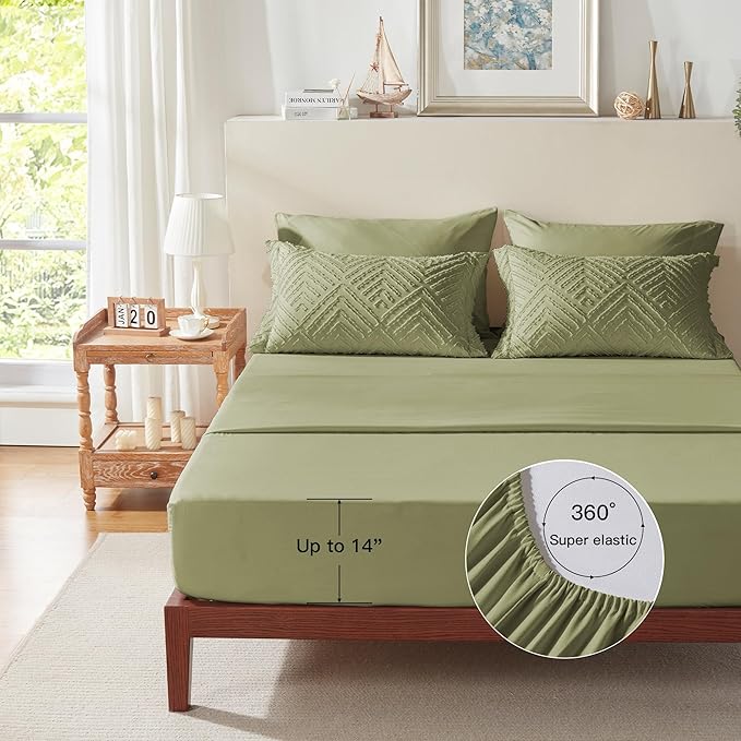 Zzlpp Full Comforter Set 7 Pieces, Army Green Tufted Bed in a Bag, All Season Boho Bedding With Comforter, 2 Pillow Shams, 2 Pillowcases, 1 Flat Sheet, 1 Fitted Sheet