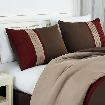 Chezmoi Collection Napa 7-Piece Luxury Leaves Scroll Embroidery Bedding Comforter Set (Queen, Burgundy/Taupe/Brown)