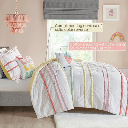 Intelligent Design Kids Full Cotton Comforter Set, Casual Fun Colors Chenille Stripes, All Seasons Fluffy Comforter Bed Set, Shams, Decor Pillows, Haisley, Full/Queen, Pink Multi 5 Piece