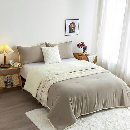 COTTEBED Fluffy Sherpa Warm Winter Comforter King Size Bed, Reversible Plush Fleece Sherpa California King Down Comforter Sets Pillow Sham, Cozy Ultra-Soft Thick Washed Cotton Bedding Set, Beige White