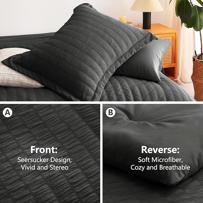 CozyLux Oversized King Comforter Set Dark Grey Seersucker 7 Pieces 120x98 Bed in a Bag Comforter Set with Sheets, Dark Gray Luxury Bedding Sets Down Alternative Comforter, Sheets, Pillowcases & Shams