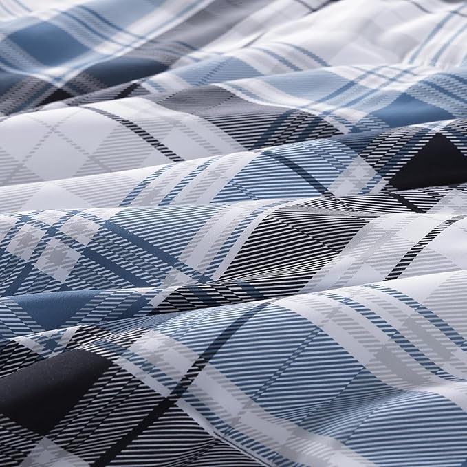 MaiRêve Queen Size Plaid Comforter Set Lake Blue, Classic 7 Pieces Farmhouse Bedding Set, All Season Lightweight Bed in A Bag with Sheets, Pillowcases & Shams