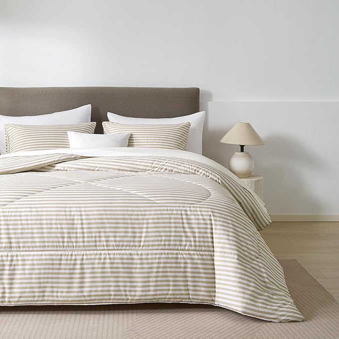 mixinni Tan Striped Comforter Set King Size - Beige Stripes Pattern Bed Set for All Season, 3 Pieces Lightweight Bedding Comforter Sets for All Seasons (1 Soft Fluffy Comforter + 2 Pillowcases)