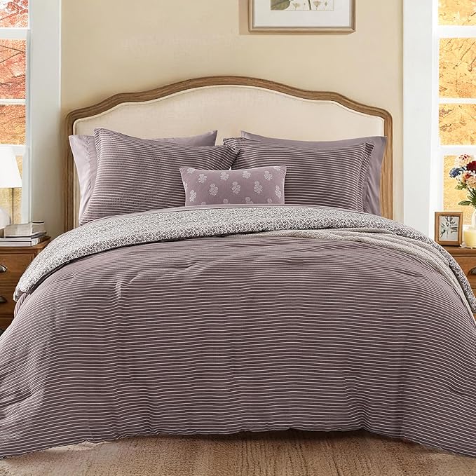 Queen Comforter Set - 7 Pieces Deep Purple Gauze Muslin Bedding Sets for All Seasons, Lightweight Breathable Bed in a Bag Queen with Revesible Farmhouse Comforter, Sheets, Pillowcases & Shams