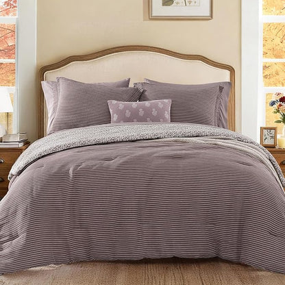 Queen Comforter Set - 7 Pieces Deep Purple Gauze Muslin Bedding Sets for All Seasons, Lightweight Breathable Bed in a Bag Queen with Revesible Farmhouse Comforter, Sheets, Pillowcases & Shams