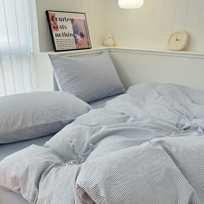 mixinni Striped Duvet Cover Set- 100% Washed Cotton Blue Comforter Cover with White Pinstripe Stripes Pattern Printed Bedding Set with Zipper Closure, 3 Pieces, Twin XLSize