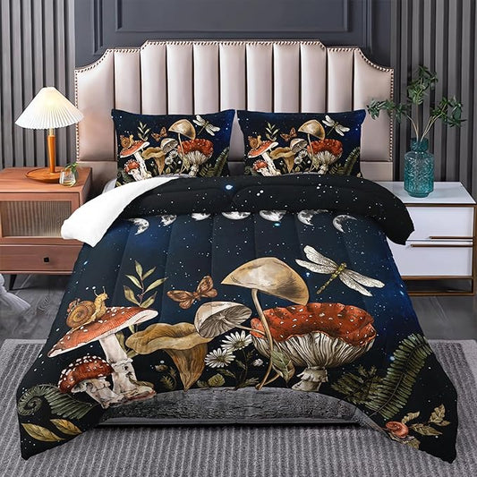 Mushroom Bedding - Black Full Comforter Set, Boho Mushroom Decor, Hippie Style