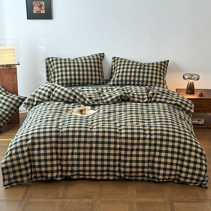 Checkered Duvet Cover Set Twin Dark Green Washed Cotton Comforter Cover Twin Boho Gingham Buffalo Plaid Zipper Duvet Cover Set with Corner Ties Pattern Boys Bedding Set Chic Duvet Protector