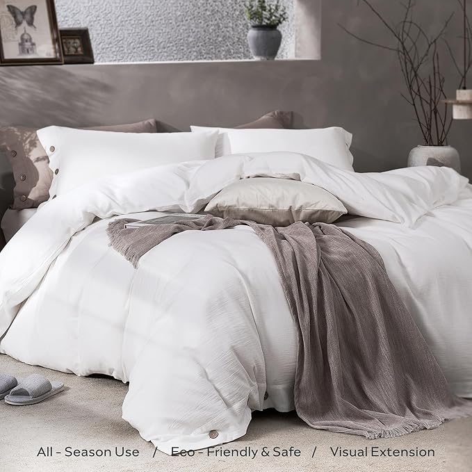 JELLYMONI Washed Cotton Duvet Cover - Off White, Twin Size 68x90 Inches, 2-Piece Bedding Set with Button Closure, Includes 1 Duvet Cover & 1 Pillowcase (Comforter Not Included)