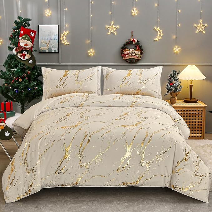 WONGS BEDDING Khaki Gold Metallic Marble Comforter Set Queen Foil Print Glitter Bedding Sets with 2 Pillowcases for All Seasons, Soft Microfiber Filling Bedding Duvet Set 90"x90"