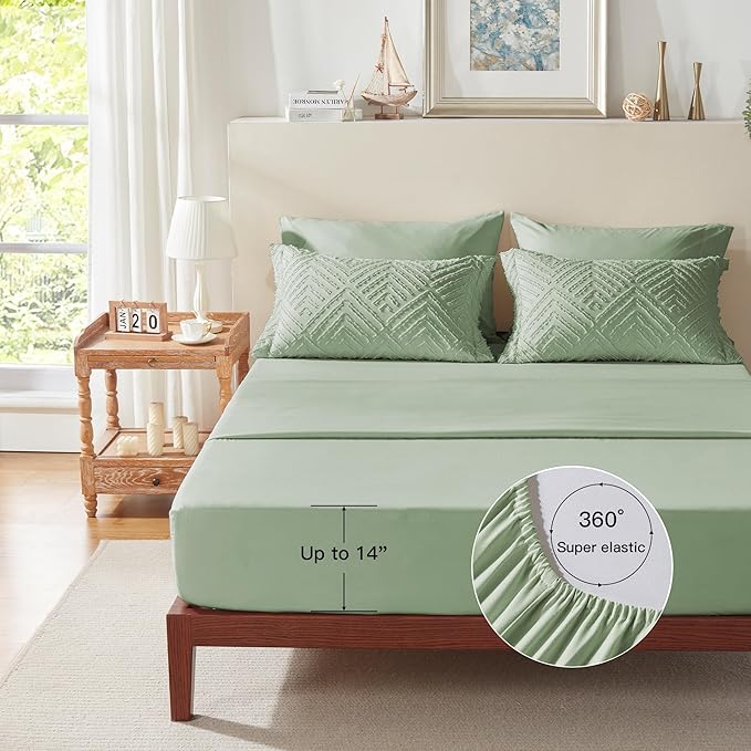 Zzlpp Full Comforter Set 7 Pieces, Sage Green Tufted Bed in a Bag with Comforter and Sheets, All Season Boho Bedding Sets with 1 Comforter, 2 Pillow Shams, 2 Pillowcases, 1 Flat Sheet, 1 Fitted Sheet
