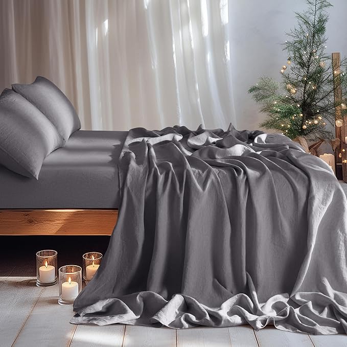 LBRO2M 100% Pure Linen Sheet Set Deep Pocket Up to 16" Bed Sheets Sets, Natural Flax Beddings Soft, Breathable, Comfortable for All Seasons 4 Pcs Sheet Set King Size, Dark Grey