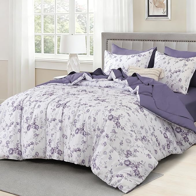 Luxudecor Floral Queen Comforter Set 7 Pieces Bed in a Bag, Purple Rose Romantic Flower Bed Set, Soft Reversible Comforter with Sheet Set 90"x90"