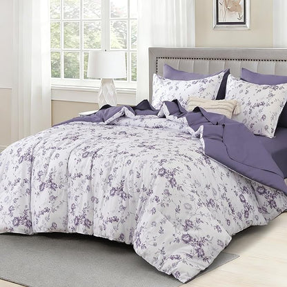 Luxudecor Floral Queen Comforter Set 7 Pieces Bed in a Bag, Purple Rose Romantic Flower Bed Set, Soft Reversible Comforter with Sheet Set 90"x90"