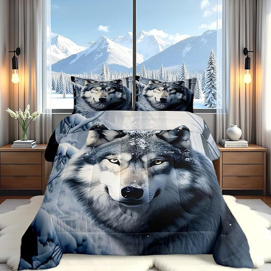 Castle Fairy Wolf Comforter Set Twin Size,Nature Wild Animals Quilt Set 2pcs,3D Print Winter Snow View Bedding Set for Kids Teens Adults Home Decor,White Black Microfiber with 1 Pillowcase