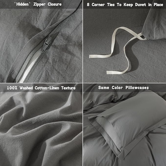 100% Washed Cotton Duvet Cover Queen Size Dark Grey Bedding Set Cover 1 Duvet Cover with Zipper Closure and 2 Pillowcases, 90inch x 90inch