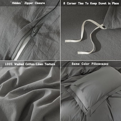 Dark Grey Duvet Cover California King Size Bedding Set Cover 100% Washed Cotton Duvet Cover with Zipper Closure and 2 Pillowcases, 104inch x 98inch
