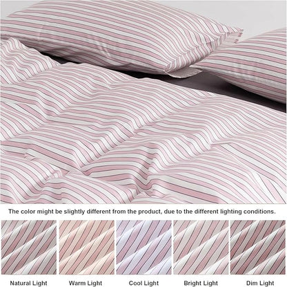 Bedbay Cotton Striped Duvet Cover Set Queen Size, Soft Blush Pink Stripe Bedding Set, 100% Cotton Sateen, Minimal Casual Hotel Style Duvet Cover 3 Piece for All Seasons