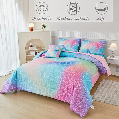 RYNGHIPY Full Girls Comforter Set Colorful Rainbow Bed in A Bag for Girls Kids 6 Piece Ombre Galaxy Glitter Bedding Set