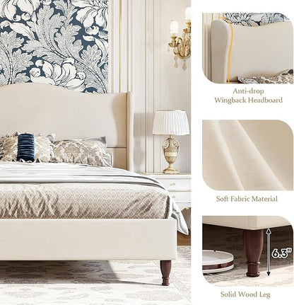 koorlian Full Size Bed Frame Upholstered Platform Bed with 51" Tall Headboard Wingback, Soft Fabric, Retro Simple Style Platform Bed No Box Spring Needed, Easy Assembly, Beige