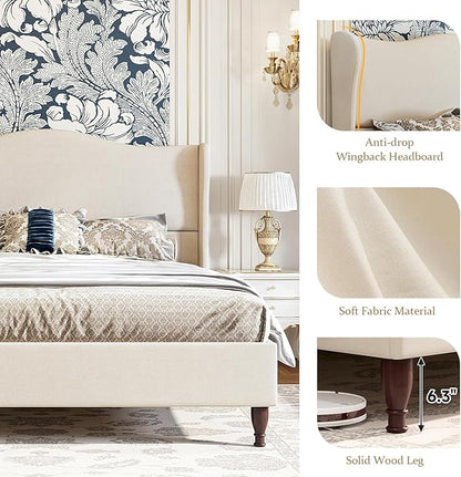 koorlian Queen Size Bed Frame Upholstered Platform Bed with 51" Tall Headboard Wingback, Soft Fabric, Retro Simple Style Platform Bed No Box Spring Needed, Easy Assembly, Beige
