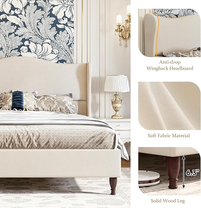 koorlian King Size Bed Frame Upholstered Platform Bed with 51" Tall Headboard Wingback, Soft Fabric, Retro Simple Style Platform Bed No Box Spring Needed, Easy Assembly, Beige