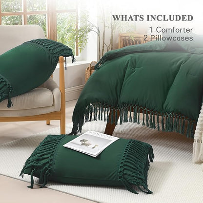 Andency Emerald Comforter Set California King, 3 Pieces Boho Tassel Lightweight Soft Bedding Comforter Sets for King Bed, All Season Fluffy Fringe Bed Set (104x96In Comforter & 2 Pillowcases)