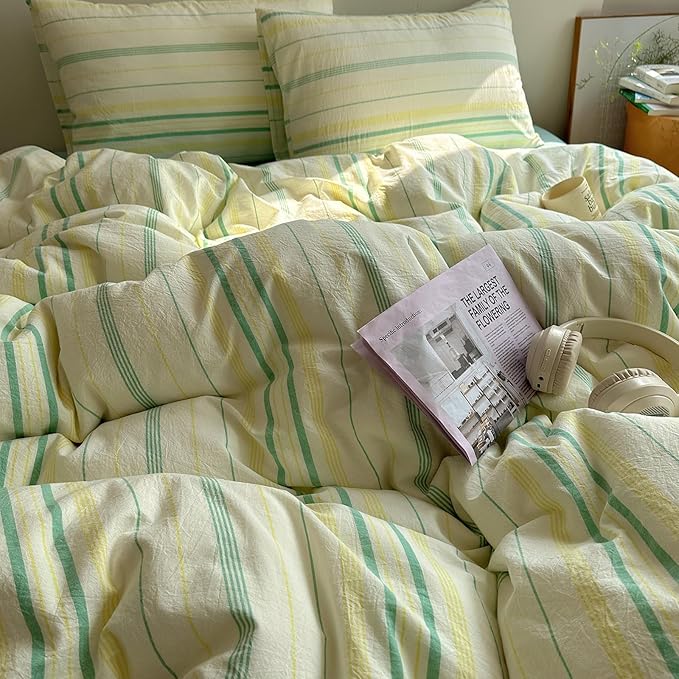EAVD Vintage Striped Comforter Set Full Soft Cotton 3-Piece Boho Bedding Set with 2 Pillowcases Retro Yellow-Green Vertical Stripes Geometric Comforter Set for All-Season