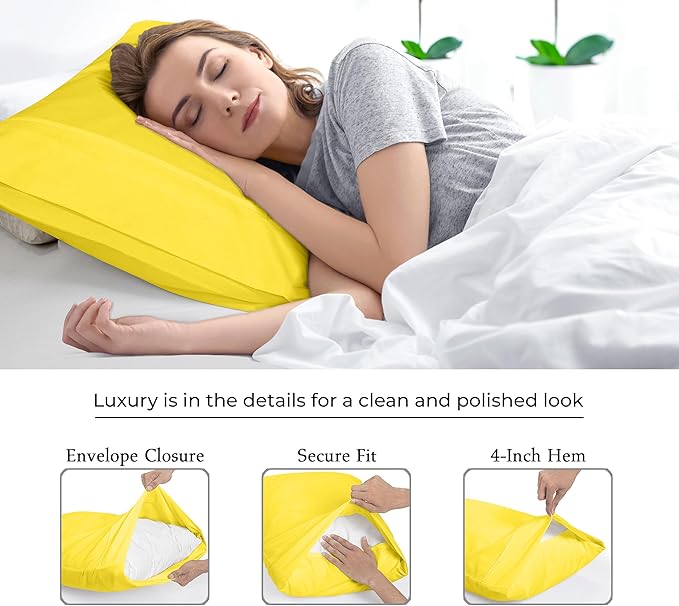 Royale Linens Queen Pillowcase Set of 2 - Bed Pillow Cover - 20" x 30" - Pillowcases - 1800 Brushed Microfiber, Wrinkle & Fade Resistant - Soft & Cozy- Queen Size Pillow Case (Yellow)