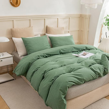 ECOCOTT Sage Green Duvet Cover Queen Size, 3 Piece 100% Washed Cotton 1 Duvet Cover with Zipper and 2 Pillowcases, Ultra Soft and Easy Care Breathable Cozy Bedding Set(Sage Green, Queen)