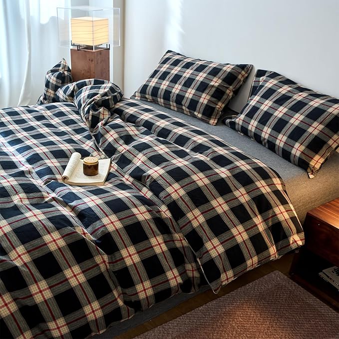 EAVD Vintage Black Plaid Gingham Comforter Set Full Soft 100% Washed Cotton Black&Green&Red Grid Checkered Bedding Set with 2 Pillowcases Farmhouse Retro Plaid Comforter Set for All-Season
