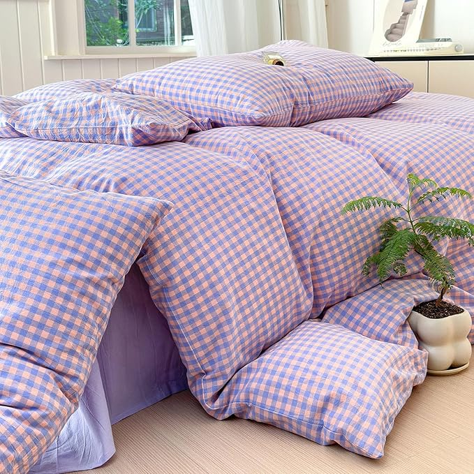 LifeTB Purple Plaid Bedding Set Full 100% Washed Cotton Purple Grid Duvet Cover with 2 Pillowcases Gingham Duvet Cover 3 Pieces Plaid Comforter Cover Breathable Grid Bedding Collection