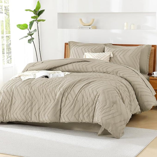 Litanika Light Hazel Full Size Comforter Set with Sheets - 7 Pieces Bed in a Bag Full Boho Tufted Complete Bedding Sets with Comforter, Sheets, Pillowcases & Shams