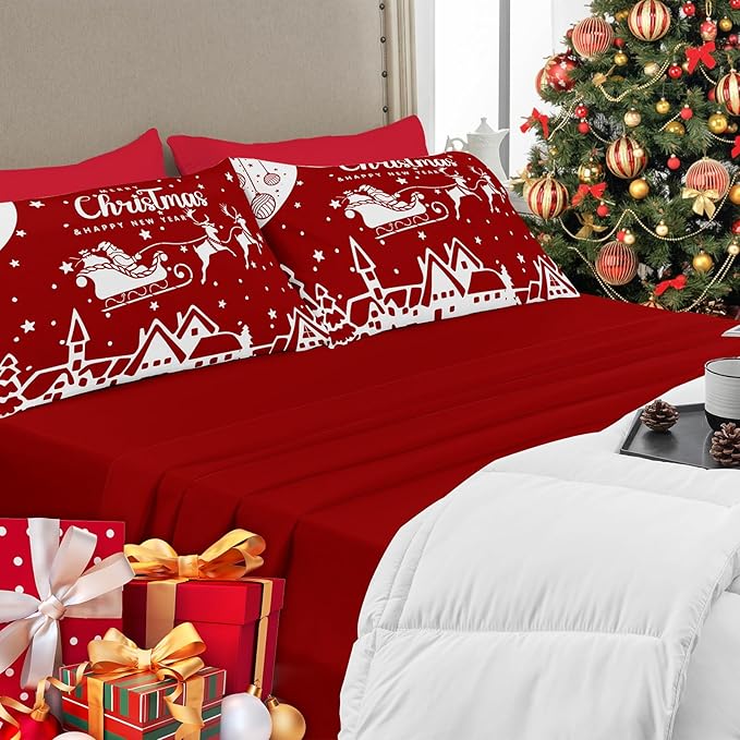 YIYEA Christmas Pillow Cases Standard Size Set of 4, Ultra Soft Double Brushed Microfiber Red Pillowcases and Christmas Pillow Covers, Envelope Closure, Fade Resistant (20"x26")