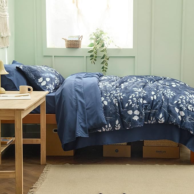 Bedsure Navy Twin XL Comforter Set - 5 Pieces Floral Bedding Sets Twin XL Bed in a Bag with Reversible Botanical Flowers Comforter, Sheets, Pillowcase & Sham